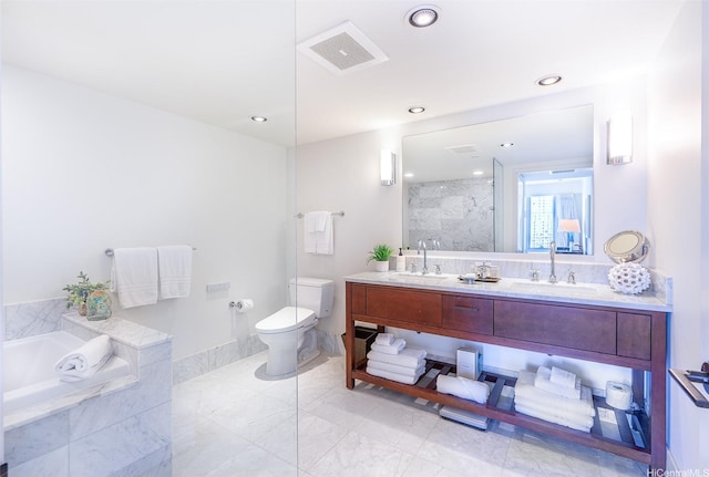 223 Saratoga Rd Unit 2203, Honolulu, HI 96815 - bathroom with toilet, a bath, double vanity, tiled shower, and recessed lighting