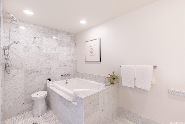 223 Saratoga Rd Unit 2203, Honolulu, HI 96815 - full bathroom with a garden tub, tiled shower, tile patterned flooring, recessed lighting, and toilet