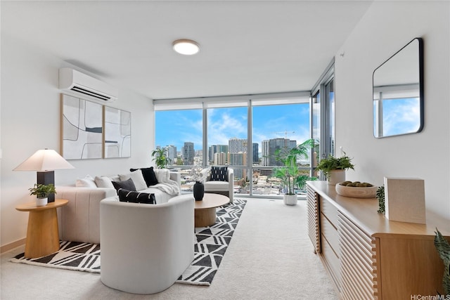 555 S St Unit 3003, Honolulu, HI 96813 - carpeted living room with a wall unit AC, a view of skyline, a wall of windows, and healthy amount of natural light