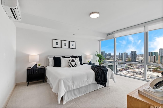555 S St Unit 3003, Honolulu, HI 96813 - bedroom with a wall mounted air conditioner, a skyline view, light carpet, and a wall of windows