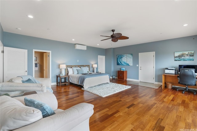 44-97 Kalenakai Pl Unit A, Kaneohe, HI 96744 - bedroom with an AC wall unit, light wood finished floors, an office area, recessed lighting, and a ceiling fan