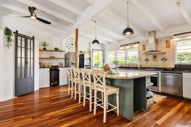 880 Akiu Pl, Kailua, HI 96734 - kitchen with appliances with stainless steel finishes, wall chimney range hood, beverage cooler, and dark wood finished floors