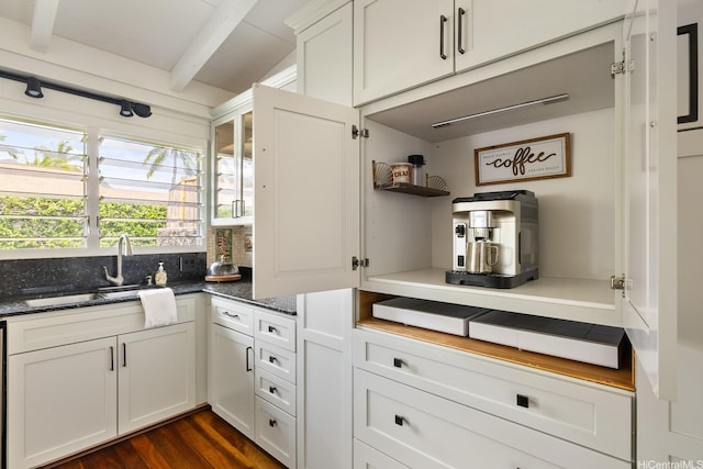 880 Akiu Pl, Kailua, HI 96734 - kitchen featuring beam ceiling, open shelves, dark wood-style floors, white cabinets, and dark stone countertops