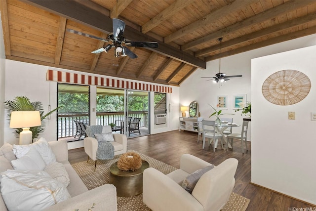 47-658 Hui Kelu St Unit 5, Kaneohe, HI 96744 - living area with a wood ceiling with exposed beams, a ceiling fan, wood finished floors, cooling unit, and high vaulted ceiling