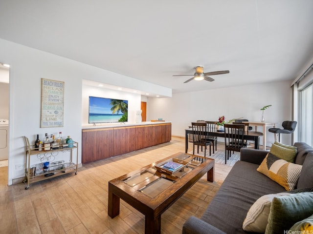 710 Lunalilo St Unit 402, Honolulu, HI 96813 - living room with washer / clothes dryer, light wood-style floors, ceiling fan, and recessed lighting