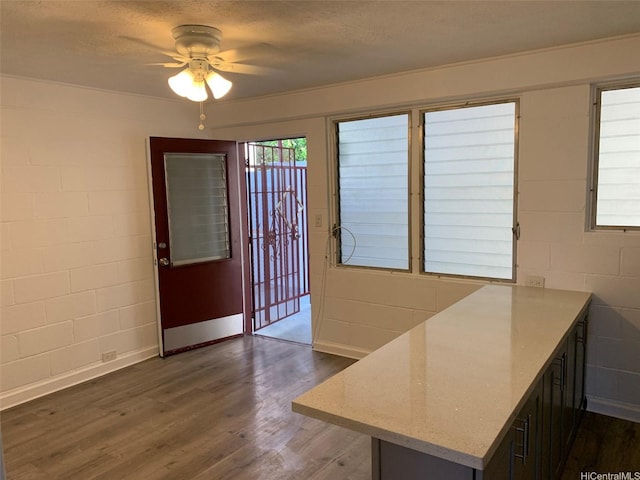 1408 Lusitana St, Honolulu, HI 96813 - kitchen with ceiling fan, dark wood finished floors, concrete block wall, a peninsula, and light stone countertops