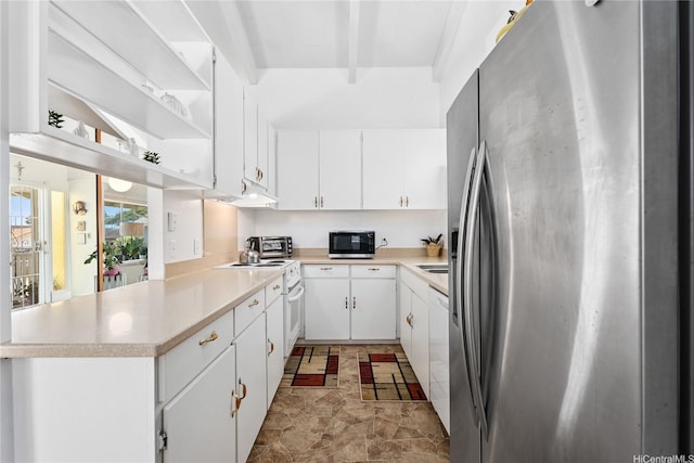 463 Kaleimamahu St, Honolulu, HI 96825 - kitchen featuring appliances with stainless steel finishes, light countertops, open shelves, beam ceiling, and white cabinetry