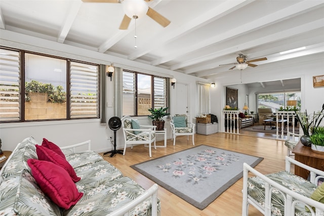 463 Kaleimamahu St, Honolulu, HI 96825 - living room featuring ceiling fan, beamed ceiling, and wood finished floors