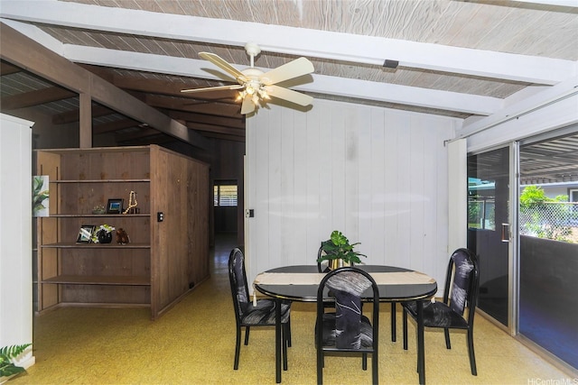 1631 Hoohulu St, Pearl City, HI 96782 - dining space with light floors, ceiling fan, wooden ceiling, and wooden walls