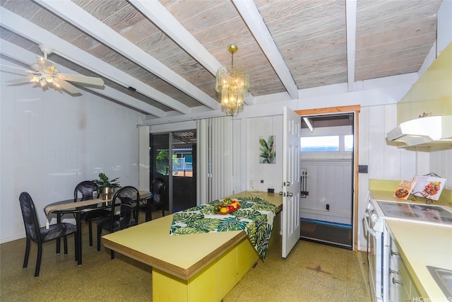 1631 Hoohulu St, Pearl City, HI 96782 - kitchen featuring white electric range oven, under cabinet range hood, light flooring, light countertops, and a chandelier