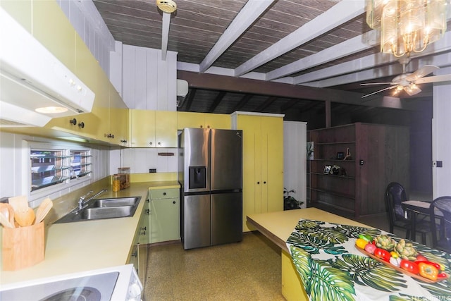 1631 Hoohulu St, Pearl City, HI 96782 - kitchen featuring stainless steel refrigerator with ice dispenser, beamed ceiling, extractor fan, stove, and light countertops