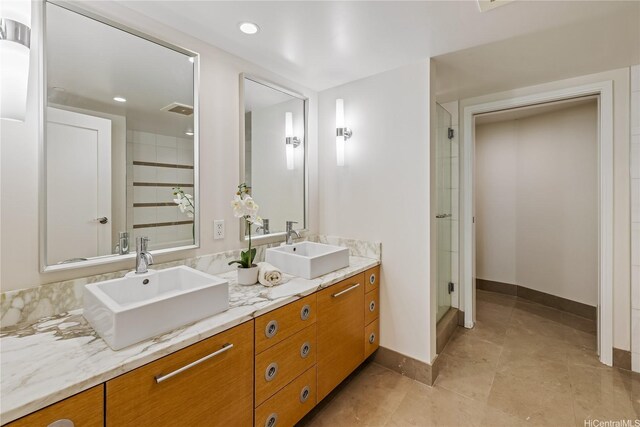 1177 Queen St Unit 4306, Honolulu, HI 96814 - full bathroom featuring double vanity, a stall shower, and tile patterned flooring