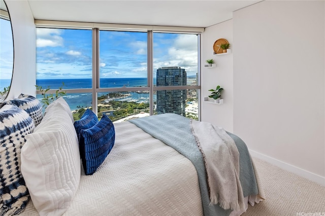 1177 Queen St Unit 4306, Honolulu, HI 96814 - bedroom featuring a wall of windows, a water view, and carpet floors