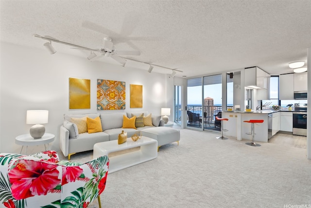 1212 Nuuanu Ave Unit 2509, Honolulu, HI 96817 - living room featuring rail lighting, a textured ceiling, plenty of natural light, light carpet, and floor to ceiling windows