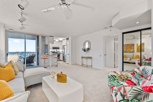 1212 Nuuanu Ave Unit 2509, Honolulu, HI 96817 - living room featuring ceiling fan, track lighting, light carpet, and a textured ceiling