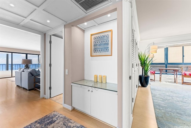 2893 Kalakaua Ave Unit 3, Honolulu, HI 96815 - hallway featuring light wood finished floors, recessed lighting, and coffered ceiling