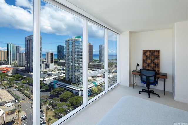 888 Kapiolani Blvd Unit 2703, Honolulu, HI 96813 - office space featuring floor to ceiling windows, a skyline view, carpet floors, and a water view