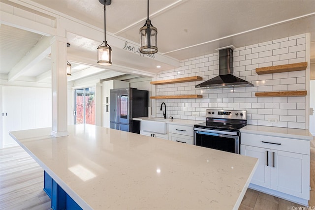 91-517 Pohakupuna Rd, Ewa Beach, HI 96706 - kitchen featuring wall chimney range hood, open shelves, stainless steel appliances, backsplash, and white cabinetry