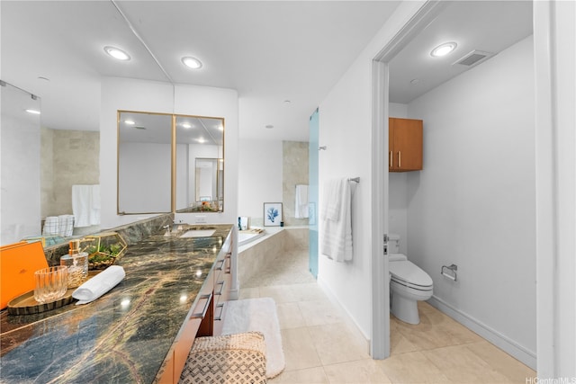 1288 Ala Moana Blvd Unit 21A, Honolulu, HI 96814 - bathroom featuring double vanity, tile patterned floors, a bath, and recessed lighting