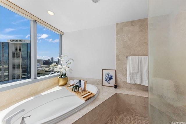 1288 Ala Moana Blvd Unit 21A, Honolulu, HI 96814 - full bath featuring a garden tub, a view of city, tiled shower, and recessed lighting