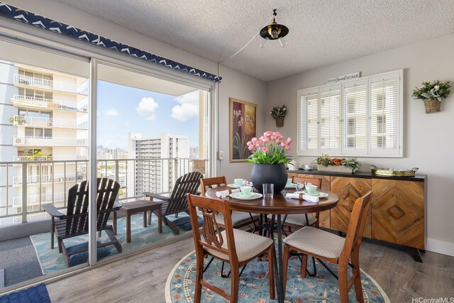 1111 Wilder Ave Unit 14B, Honolulu, HI 96822 - dining room with wood finished floors, a textured ceiling, and a city view
