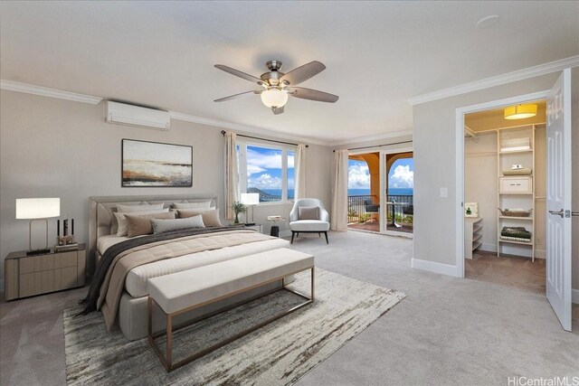 1062 Hoa St, Honolulu, HI 96825 - bedroom with a wall mounted AC, light colored carpet, access to exterior, ornamental molding, and ceiling fan