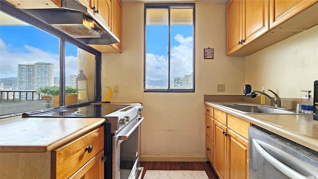 2121 Ala Wai Blvd Unit 1603, Honolulu, HI 96815 - kitchen with stainless steel appliances, a sink, dark wood-style flooring, range hood, and plenty of natural light