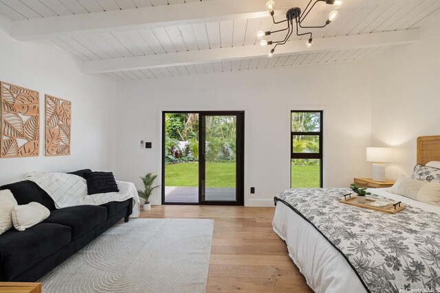 114 Kaelepulu Dr, Kailua, HI 96734 - bedroom with access to exterior, light wood finished floors, a chandelier, and wood ceiling