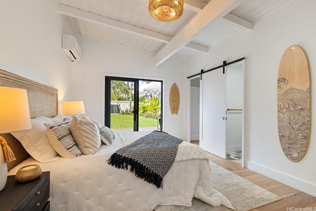 114 Kaelepulu Dr, Kailua, HI 96734 - bedroom with a wall mounted air conditioner, access to outside, a barn door, light wood finished floors, and baseboards