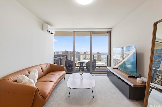 1388 Kapiolani Blvd Unit 3701, Honolulu, HI 96814 - living room with an AC wall unit, floor to ceiling windows, and carpet floors