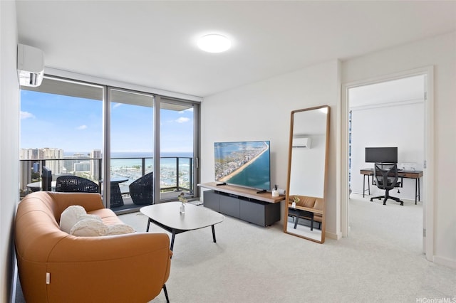 1388 Kapiolani Blvd Unit 3701, Honolulu, HI 96814 - living area with expansive windows, a wall mounted AC, carpet, a desk, and an AC wall unit