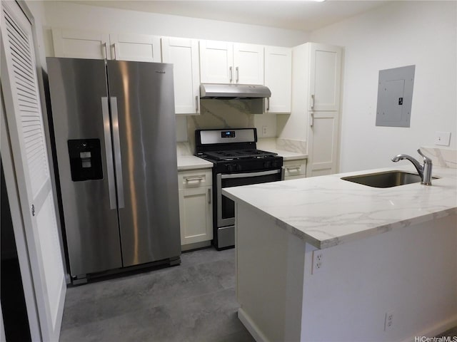 91-1060 Mikohu St Unit 5T, Ewa Beach, HI 96706 - kitchen with stainless steel appliances, electric panel, a sink, under cabinet range hood, and white cabinets