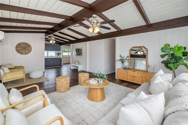 1226 Kahili St, Kailua, HI 96734 - living area featuring ceiling fan, hardwood / wood-style flooring, a wall mounted air conditioner, wooden ceiling, and wood walls
