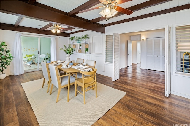 1226 Kahili St, Kailua, HI 96734 - dining space with ceiling fan, beamed ceiling, and dark wood-type flooring
