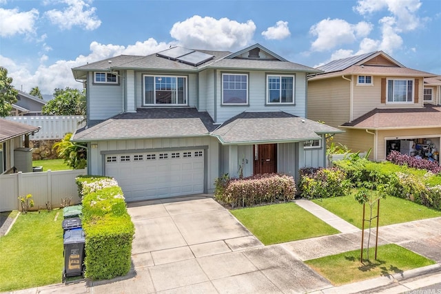91-1152 Paapaana St, Ewa Beach, HI 96706 - view of front facade with board and batten siding, a shingled roof, an attached garage, concrete driveway, and solar panels