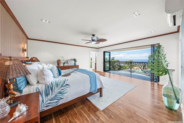123 Waihili Pl, Honolulu, HI 96825 - bedroom with access to outside, wood finished floors, ceiling fan, and crown molding