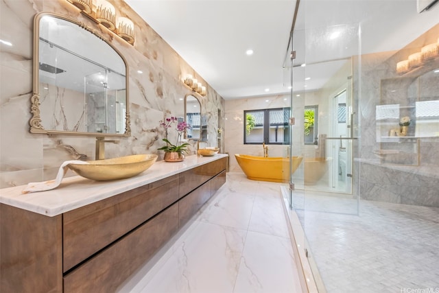 123 Waihili Pl, Honolulu, HI 96825 - bathroom with a marble finish shower, double vanity, a freestanding bath, tile walls, and marble tiled floors