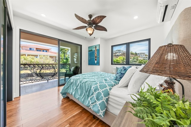 123 Waihili Pl, Honolulu, HI 96825 - bedroom featuring multiple windows, access to exterior, an AC wall unit, wood finished floors, and recessed lighting