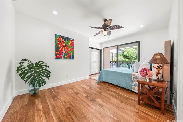 123 Waihili Pl, Honolulu, HI 96825 - bedroom with light wood-type flooring, access to exterior, a ceiling fan, recessed lighting, and a closet