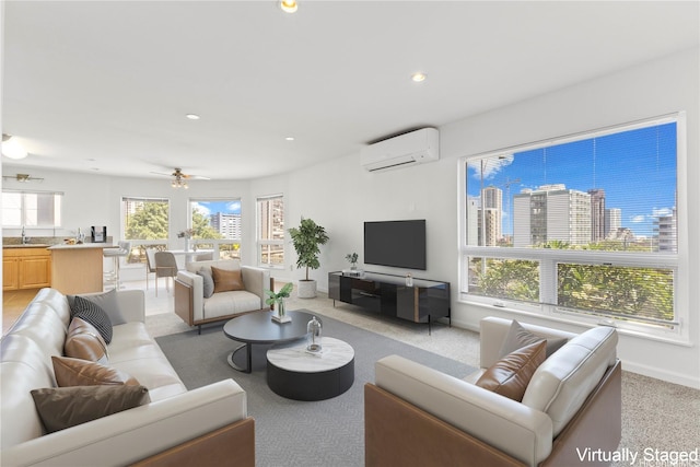 1410 Alapai St Unit 5, Honolulu, HI 96813 - living area featuring an AC wall unit, recessed lighting, a ceiling fan, light carpet, and baseboards