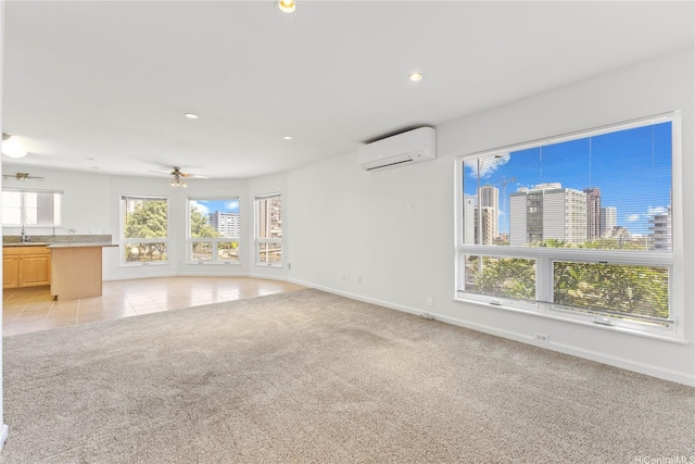 1410 Alapai St Unit 5, Honolulu, HI 96813 - unfurnished living room with an AC wall unit, ceiling fan, baseboards, light colored carpet, and recessed lighting