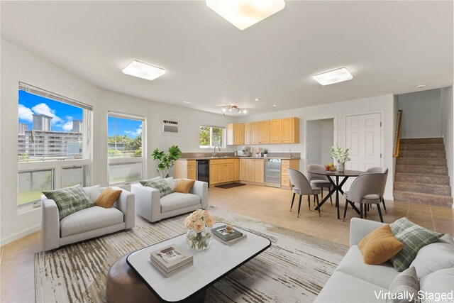1410 Alapai St Unit 5, Honolulu, HI 96813 - living room featuring light tile patterned floors, stairs, and beverage cooler