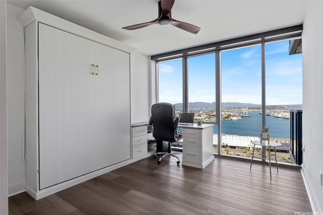 600 Ala Moana Blvd Unit 3006, Honolulu, HI 96813 - office featuring floor to ceiling windows, a water and mountain view, dark wood-style flooring, and ceiling fan