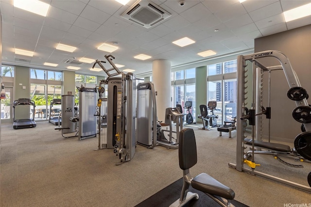 600 Ala Moana Blvd Unit 3006, Honolulu, HI 96813 - workout area featuring carpet floors, plenty of natural light, and a paneled ceiling
