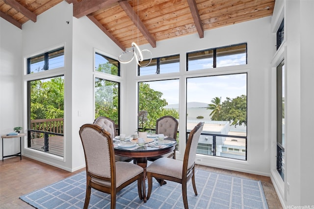 44-279 Kaneohe Bay Dr Unit B, Kaneohe, HI 96744 - dining area featuring wood ceiling with exposed beams, high vaulted ceiling, a chandelier, baseboards, and a water view