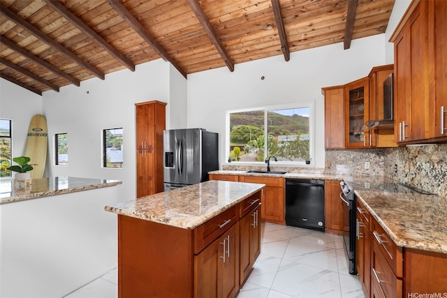44-279 Kaneohe Bay Dr Unit B, Kaneohe, HI 96744 - kitchen featuring dishwasher, stainless steel fridge, wood ceiling with exposed beams, light marble finish floors, and a sink