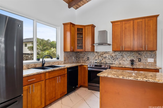 44-279 Kaneohe Bay Dr Unit B, Kaneohe, HI 96744 - kitchen with stainless steel appliances, wall chimney range hood, a sink, light marble finish flooring, and brown cabinetry