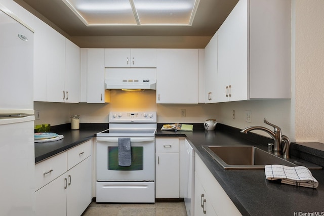 492 Mananai Pl Unit 13E, Honolulu, HI 96818 - kitchen with white appliances, ventilation hood, a sink, dark countertops, and white cabinets