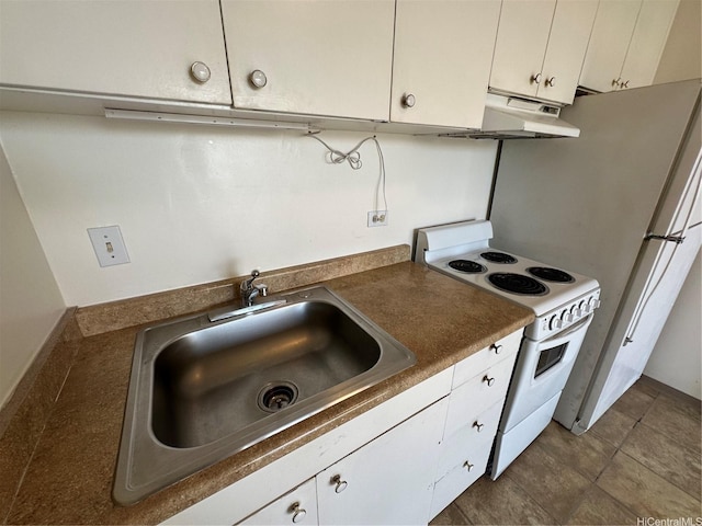 2345 Ala Wai Blvd Unit 2209, Honolulu, HI 96815 - kitchen with white electric range oven, under cabinet range hood, white cabinetry, and dark countertops