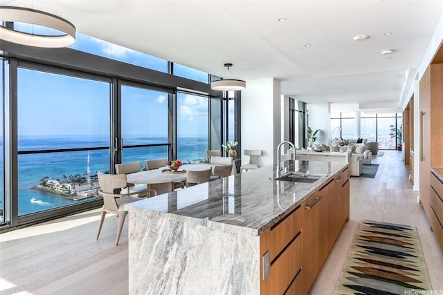 1100 Ala Moana Blvd Unit 4000/4001, Honolulu, HI 96814 - kitchen featuring a sink, light wood finished floors, a large island, modern cabinets, and a water view